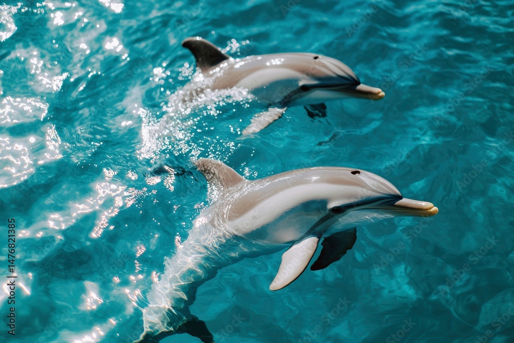 Naklejka premium Two dolphins swim in turquoise water