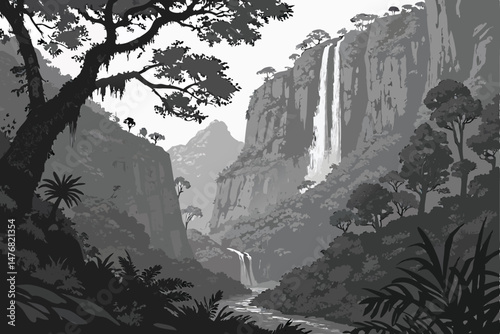 137 intricate, highly detailed, dramatic landscape, lush green tropical forest, massive towering rocky cliffs, waterfalls cascading over the edges, atmospheric fog, dramatic lighting, cinematic, high 