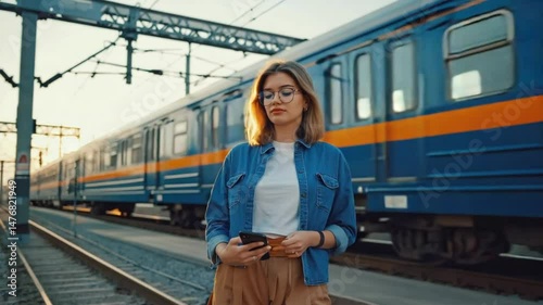 A young woman travels by train background