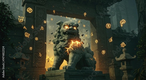 Roaring Komainu: Stone Guardian Lion Awakening at Temple Gate