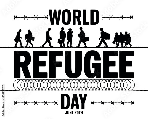 World Refugee Day graphic showing barbed wire and migrating people