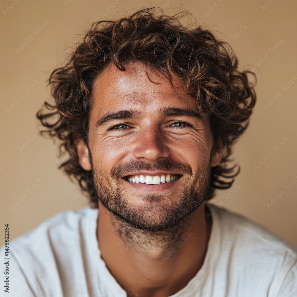 Obraz premium portrait of scandinavian smiling man is 35 years old with curly hair in white T-shirt on beige background