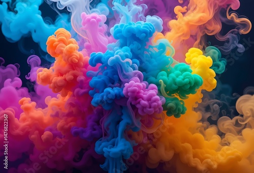 Multicolored vibrant fluid liquid ink with copy space.  paint diffusion in water. Pink, blue, blue, red, orange, purple, green. Chalk, pastel, gouache, watercolor, Mixing of colors background.