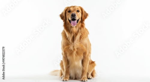 Golden Retriever Dog Sitting Comfortably on White Background