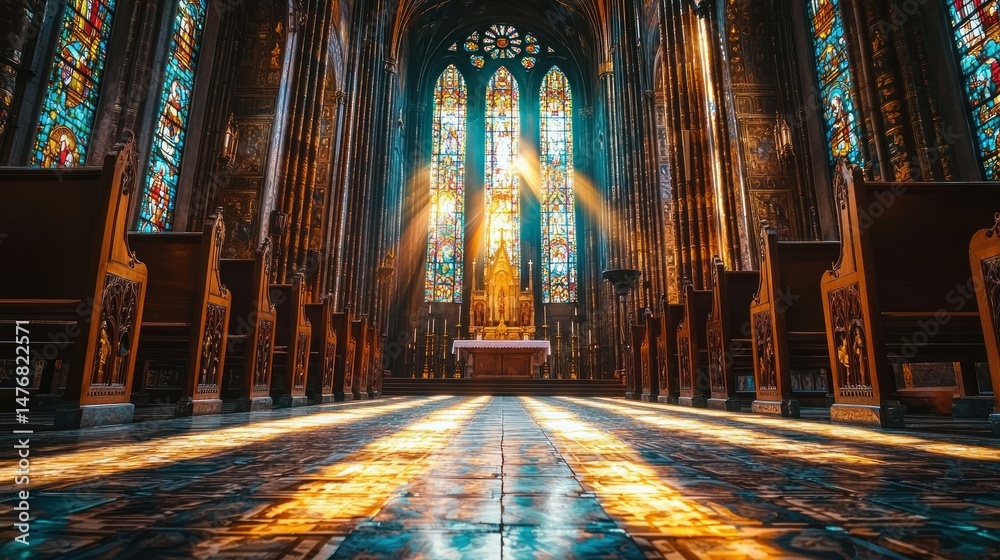 Fototapeta premium Sunlight streams through stained-glass windows in a grand church