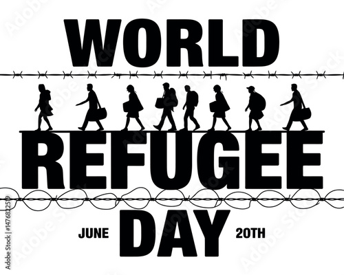 World Refugee Day graphic showing barbed wire and migrating people