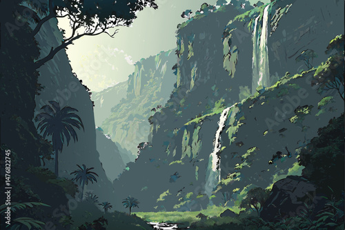 137 intricate, highly detailed, dramatic landscape, lush green tropical forest, massive towering rocky cliffs, waterfalls cascading over the edges, atmospheric fog, dramatic lighting, cinematic, high 