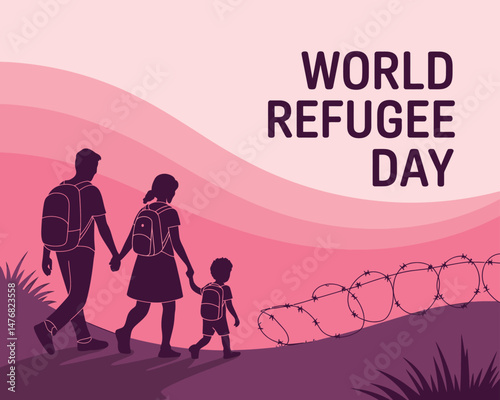World Refugee Day graphic showing family migration journey landscape