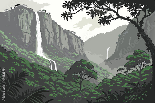 137 intricate, highly detailed, dramatic landscape, lush green tropical forest, massive towering rocky cliffs, waterfalls cascading over the edges, atmospheric fog, dramatic lighting, cinematic, high 
