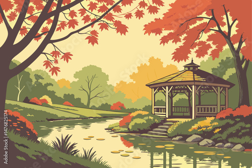 76 nature, serene pond, colorful fall foliage, rustic wooden gazebo, reflections in water, lush green trees, sunlight filtering through leaves, tranquil atmosphere, vibrant autumnal hues, natural land