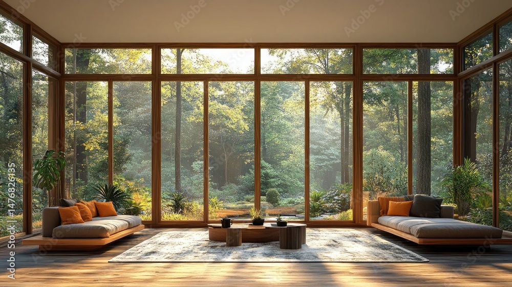 Obraz premium Serene living room with wooden frame windows overlooking a lush forest. Ideal for illustrating luxury home design, relaxation, or nature retreats.