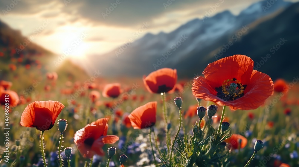 Naklejka premium field of red poppies with a mountainous landscape in the background. The scene is serene and picturesque, capturing the beauty and tranquility of nature.