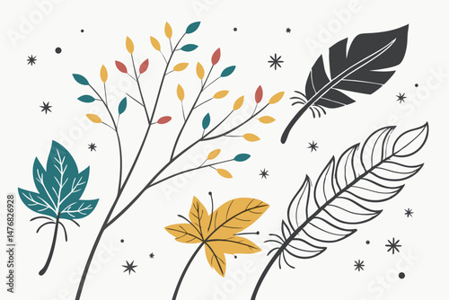 138 minimalist autumn, botanical, vector icons, flat design, geometric, modern, minimal, natural elements, leaves, feathers, branches, foliage, autumn colors, warm tones, grey, black, mustard, teal, n
