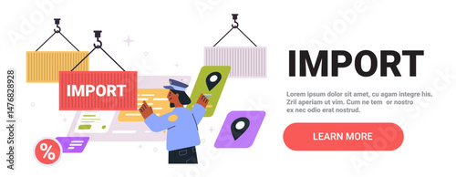 Import concept with shipping containers customs officer managing logistics colorful elements modern design