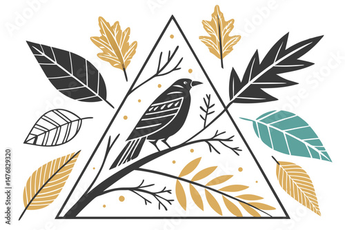 138 minimalist autumn, botanical, vector icons, flat design, geometric, modern, minimal, natural elements, leaves, feathers, branches, foliage, autumn colors, warm tones, grey, black, mustard, teal, n