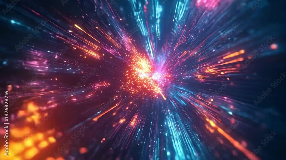 Dynamic depiction of a colorful cosmic explosion with bright glowing particles and radiant beams, evoking wonder, motion, and abstract energy in swirling, vivid colors.