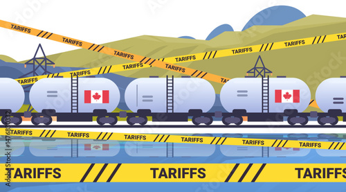 Tariffs trade war concept illustration featuring freight train with Canadian flag tankers crossing landscape wrapped in tariff tape. Ideal for economic conflict themes