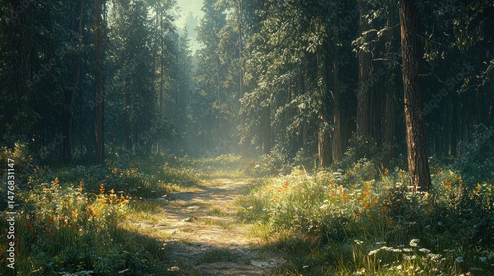 Fototapeta premium Sunlit forest path, vibrant flora