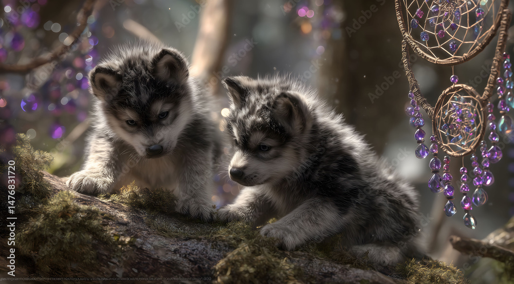 Obraz premium Wolf cubes playing in the wood