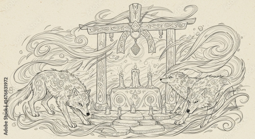 Fototapeta premium Runic Wolves Guarding a Sacred Shrine