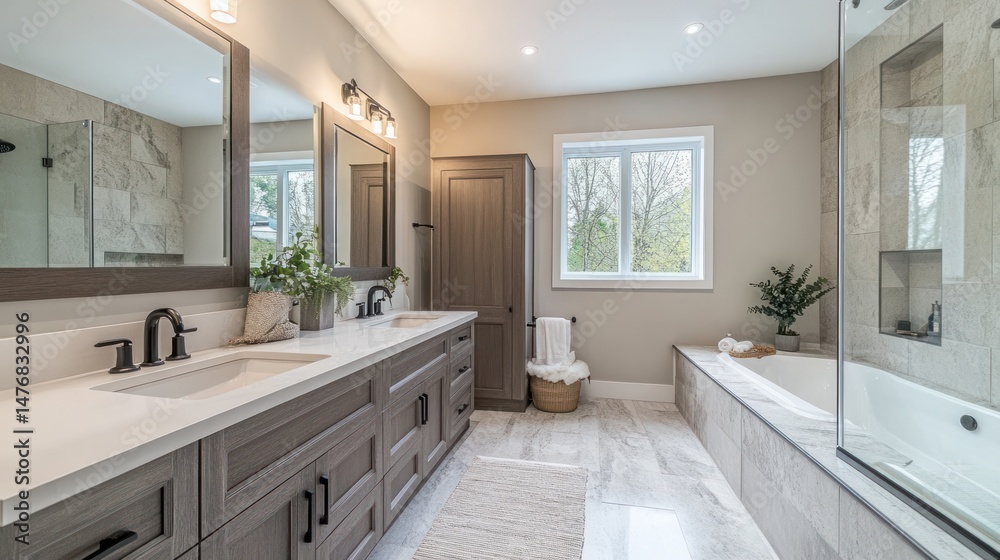 custom made wallpaper toronto digitalModern farmhouse bathroom with double vanity, soaking tub, and walk-in shower