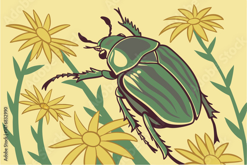 78 A large, vibrant green beetle with a metallic sheen, perched among yellow sunflowers, a striking and intricate insect with captivating details, dramatic lighting, high-resolution, studio shot