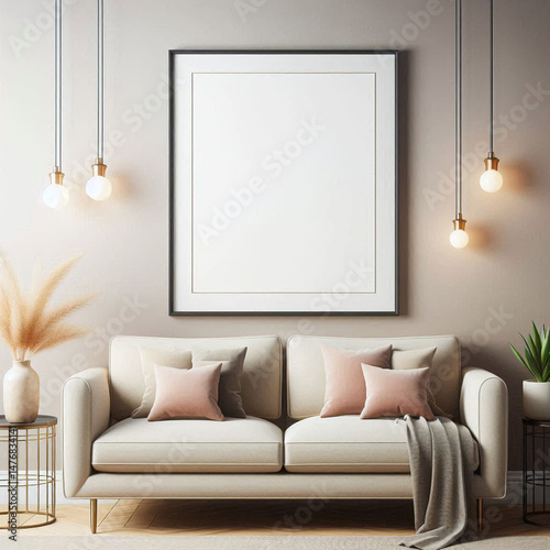 living room interior with fireplace photo frame on wood background	