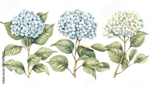 Three hydrangea blossoms in light blue and white, with lush green leaves, arranged on delicate stems