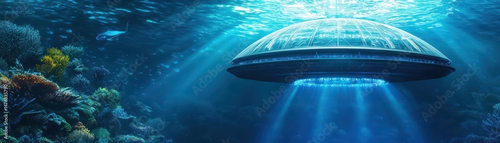 Obraz premium Futuristic Underwater Scene Featuring a UFO Hovering Above Vibrant Coral Reef with Sunlight Beams