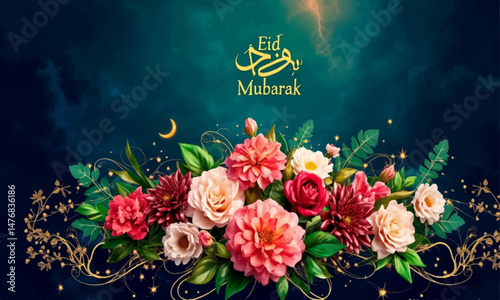 Canvas Print A festive Eid Mubarak vector poster with a crescent moon, lanterns, and elegant calligraphy, set against a decorative Islamic background