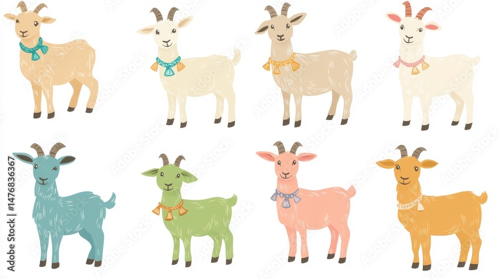 Obraz premium Adorable Pastel Goats Collection Cute Farm Animals Illustration Set art kids baby card image happy