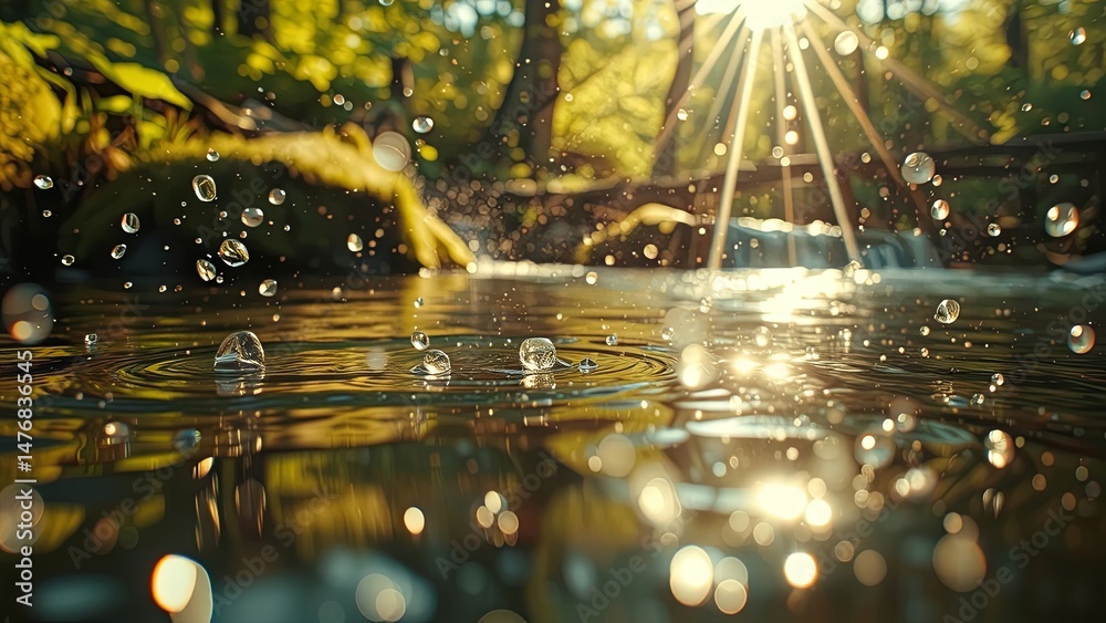 Obraz premium Splashes of the river in the sun's rays, the beauty of nature, the magic of the morning