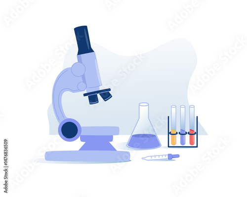 Group of scientific laboratory glassware with liquid solution, Research,development concept.Glass Laboratory Equipment
