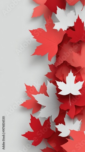 Red and white overlapping paper maple leaves on gray background in vertical composition created for Canada Day celebrations, national visuals and seasonal abstract wallpapers