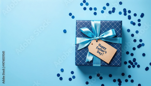 Flat lay of blue gift box with satin ribbon and “Happy Father’s Day!” tag on pastel blue background with confetti