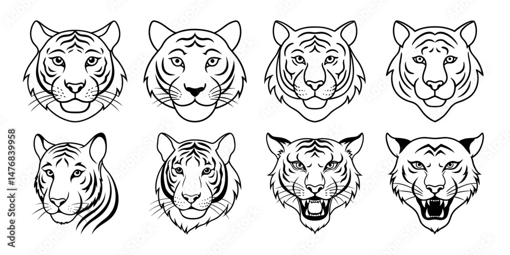 Vector set of tiger logos, face , emblems, badges and labels. Isolated on white background Vector set of tiger logos, face , emblems, badges and labels. Isolated on white background