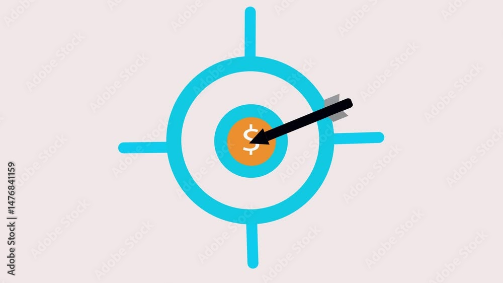 Animated blue and white target with dart hitting dollar symbol, symbolizing success, marketing goals, finance wins, and business strategy. Animated blue and white target with dart hitting dollar symbol, symbolizing success, marketing goals, finance wins, and business strategy.