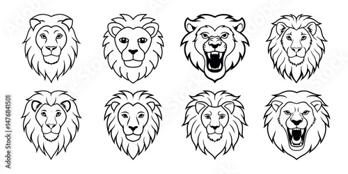 lion king head set  black and white sketch silhouettes