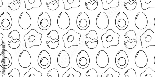 Outline hand drawn hard boiled eggs and fried eggs Seamless Pattern Minimalistic Healthy Eating fond