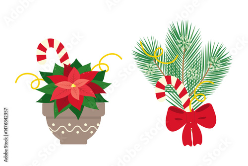 Candy canes Christmas Star Poinsettia in flower pot and Evergreen Twigs composition snowflakes decor