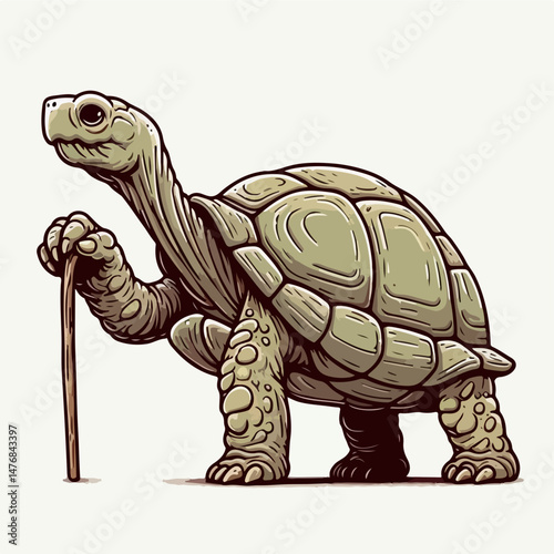 Wise Turtle's Journey: An artfully illustrated tortoise with a walking stick symbolizes resilience and longevity. A timeless icon of perseverance.