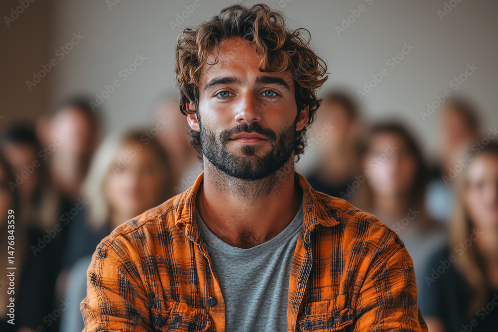 A confident young man with curly hair and a beard, wearing an orange plaid shirt, stands out among a crowd in a warm setting. A confident young man with curly hair and a beard, wearing an orange plaid shirt, stands out among a crowd in a warm setting.