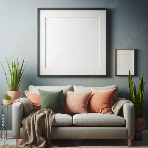 living room interior with fireplace photo frame on wood background	