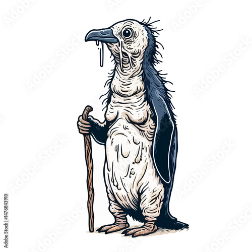 Old Penguin: A humorous illustration of a aged penguin, complete with cane and drooping demeanor, that offers a whimsical depiction of aging and a lighthearted take on wildlife.