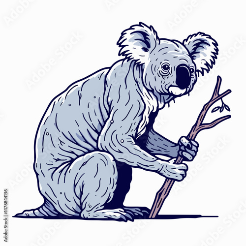 Koala Perched on Branch: A charming koala perches delicately on a sturdy branch, its fluffy gray fur and endearing features showcased in an artful illustration.