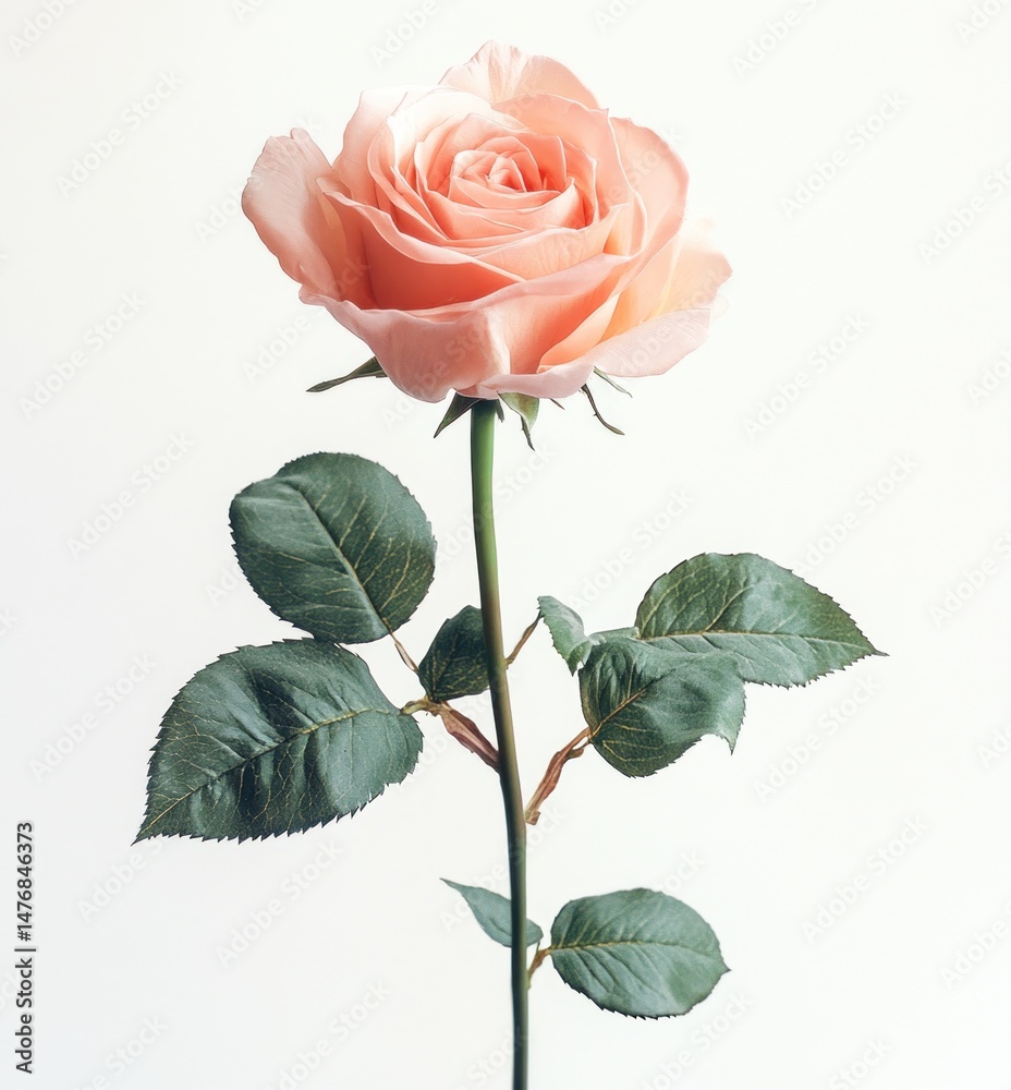 Obraz premium Soft Pink Rose Bloom with Green Leaves Isolated on White Background for Floral Inspiration and Romantic Themes