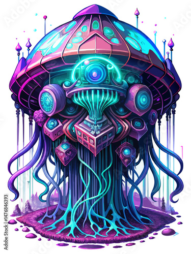 Psychedelic Biomechanical Mushroom Creature Digital Art