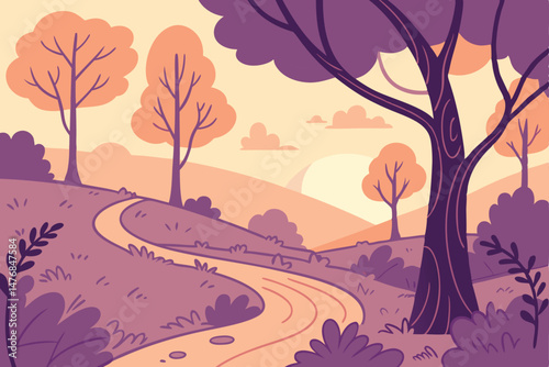 142 fantasy landscape, surreal scene, colorful digital painting, whimsical dreamlike forest, winding path, purple and orange tones, soft pastel colors, organic shapes, stylized trees, glowing light, m