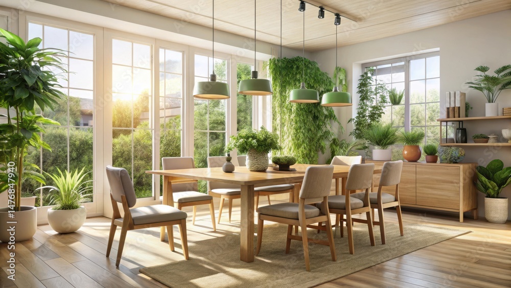 Fototapeta premium Bright Sunlight Illuminates a Modern Dining Room with Abundant Greenery and Light Wood Furnishings