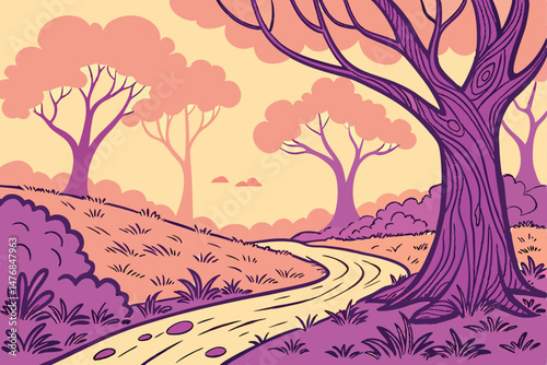 142 fantasy landscape, surreal scene, colorful digital painting, whimsical dreamlike forest, winding path, purple and orange tones, soft pastel colors, organic shapes, stylized trees, glowing light, m
